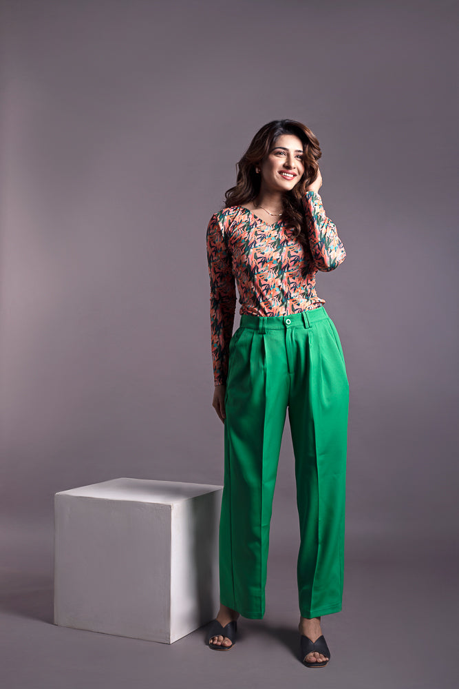 Orange Fitted Top and Green Wide Leg Pant