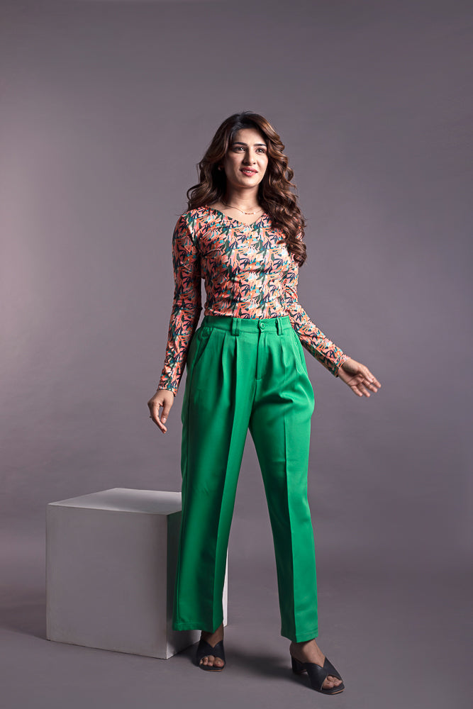 Orange Fitted Top and Green Wide Leg Pant
