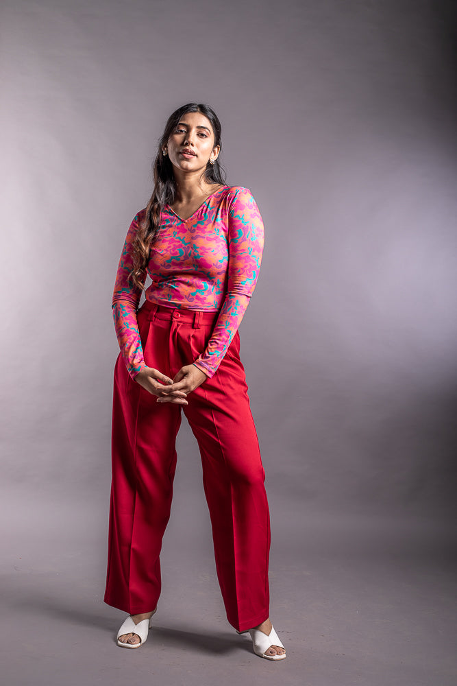 Pink Fitted Top and Red Wide Leg Pant