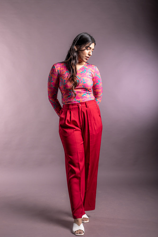 Pink Fitted Top and Red Wide Leg Pant
