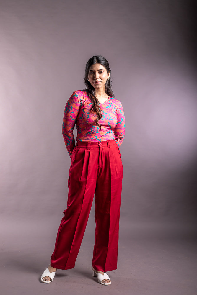 Pink Fitted Top and Red Wide Leg Pant