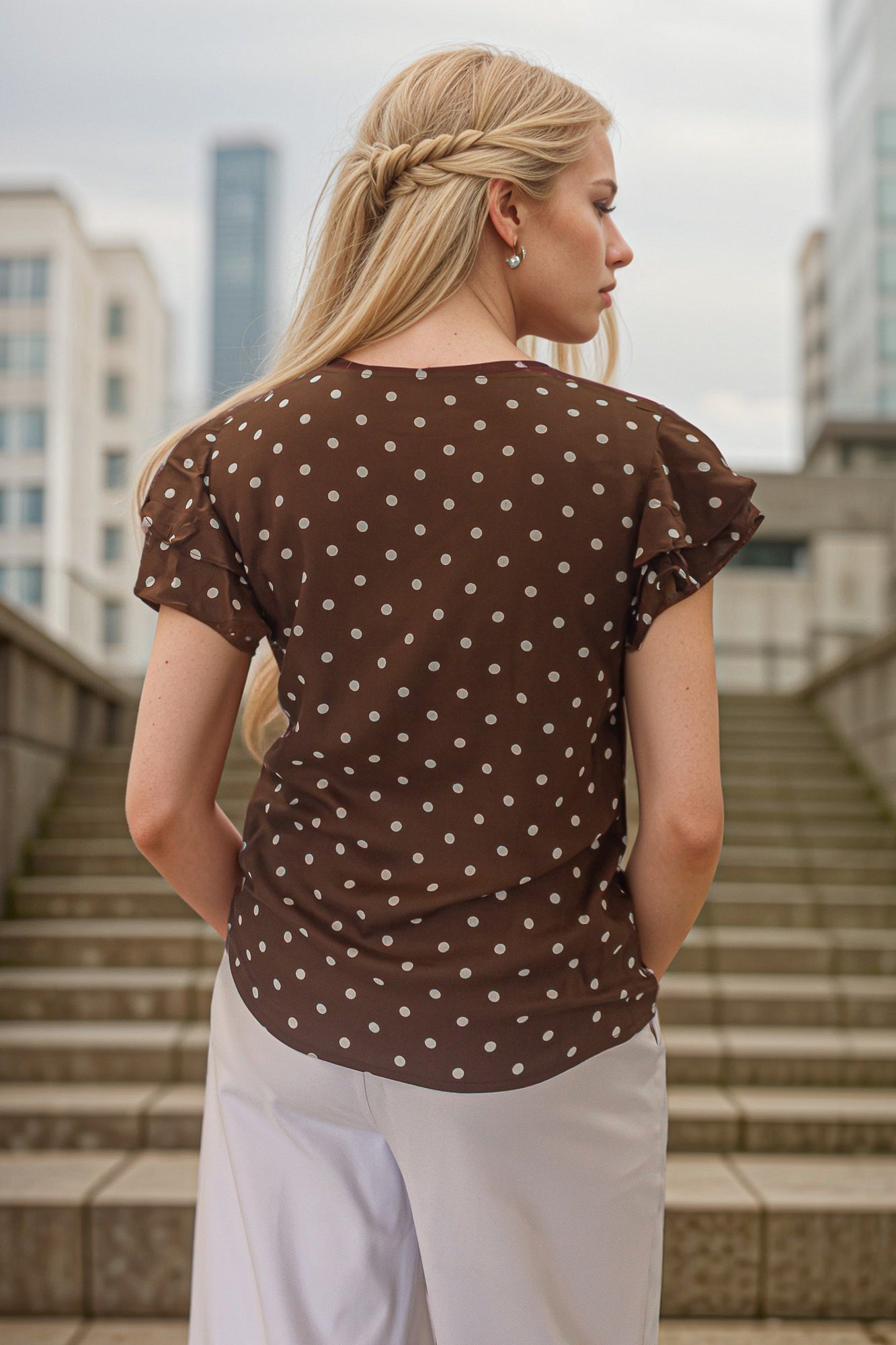 Ruffle sleeve polka dots top