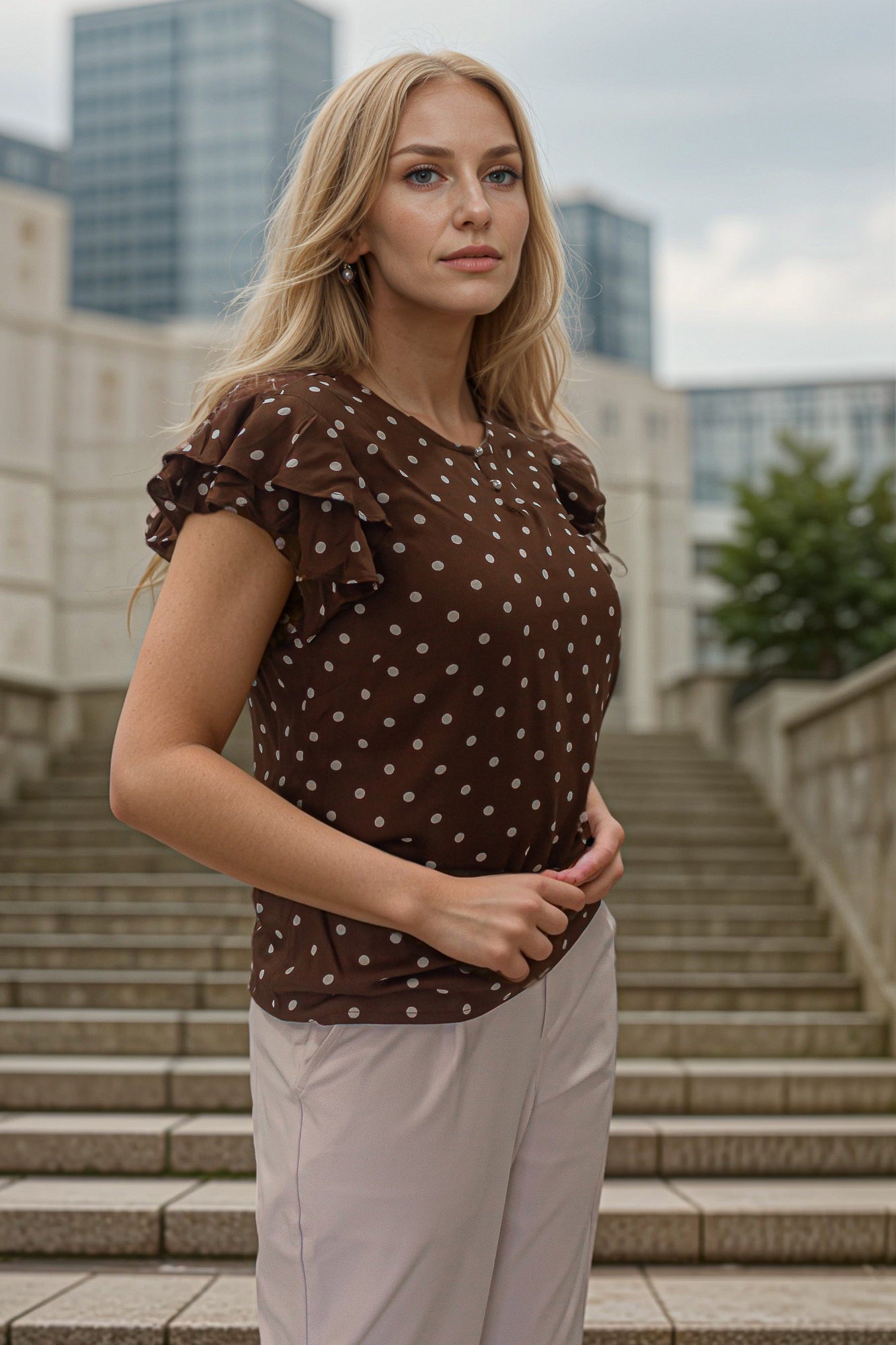 Ruffle sleeve polka dots top for Casual Look - IREA Life