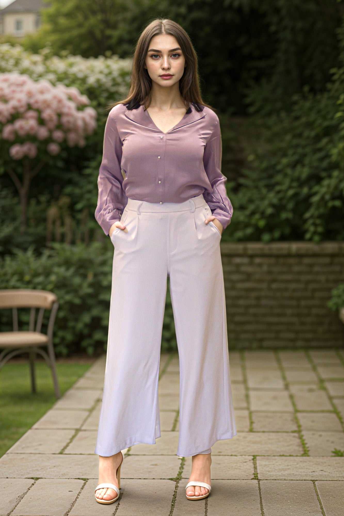 Light Purple Satin Collar Shirt Top
