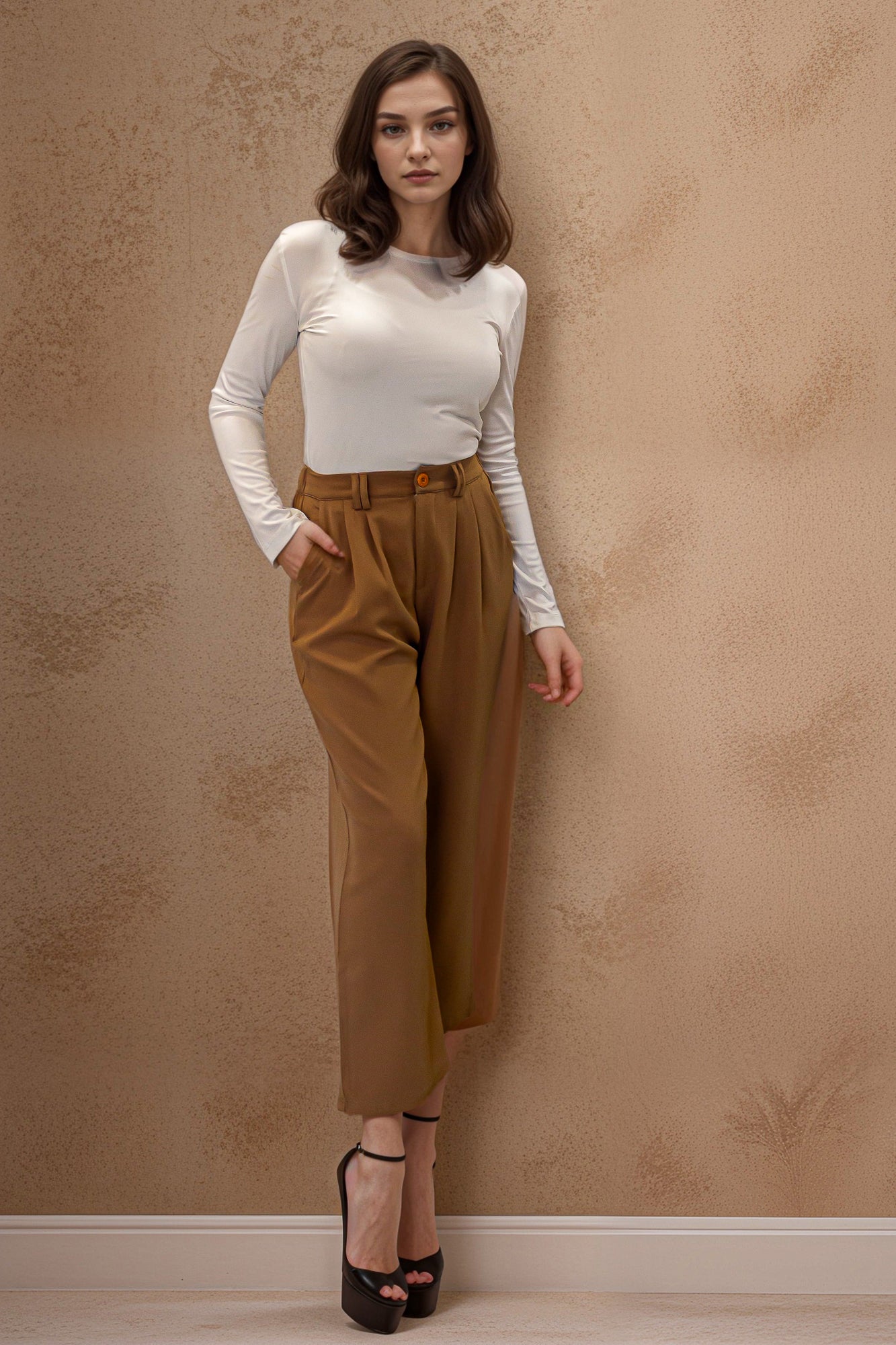Beige Wide Leg Pants