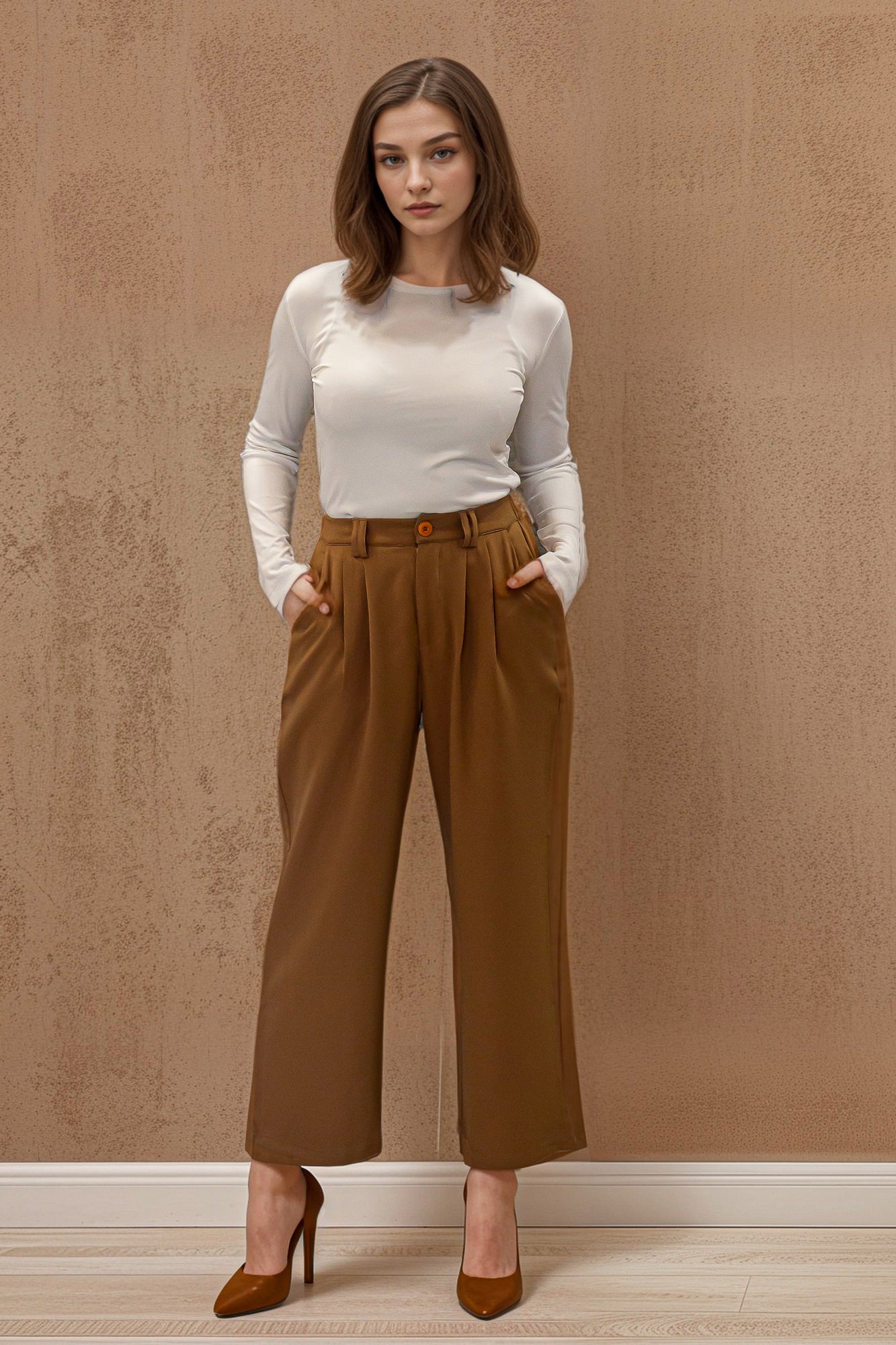 Beige Wide Leg Pants