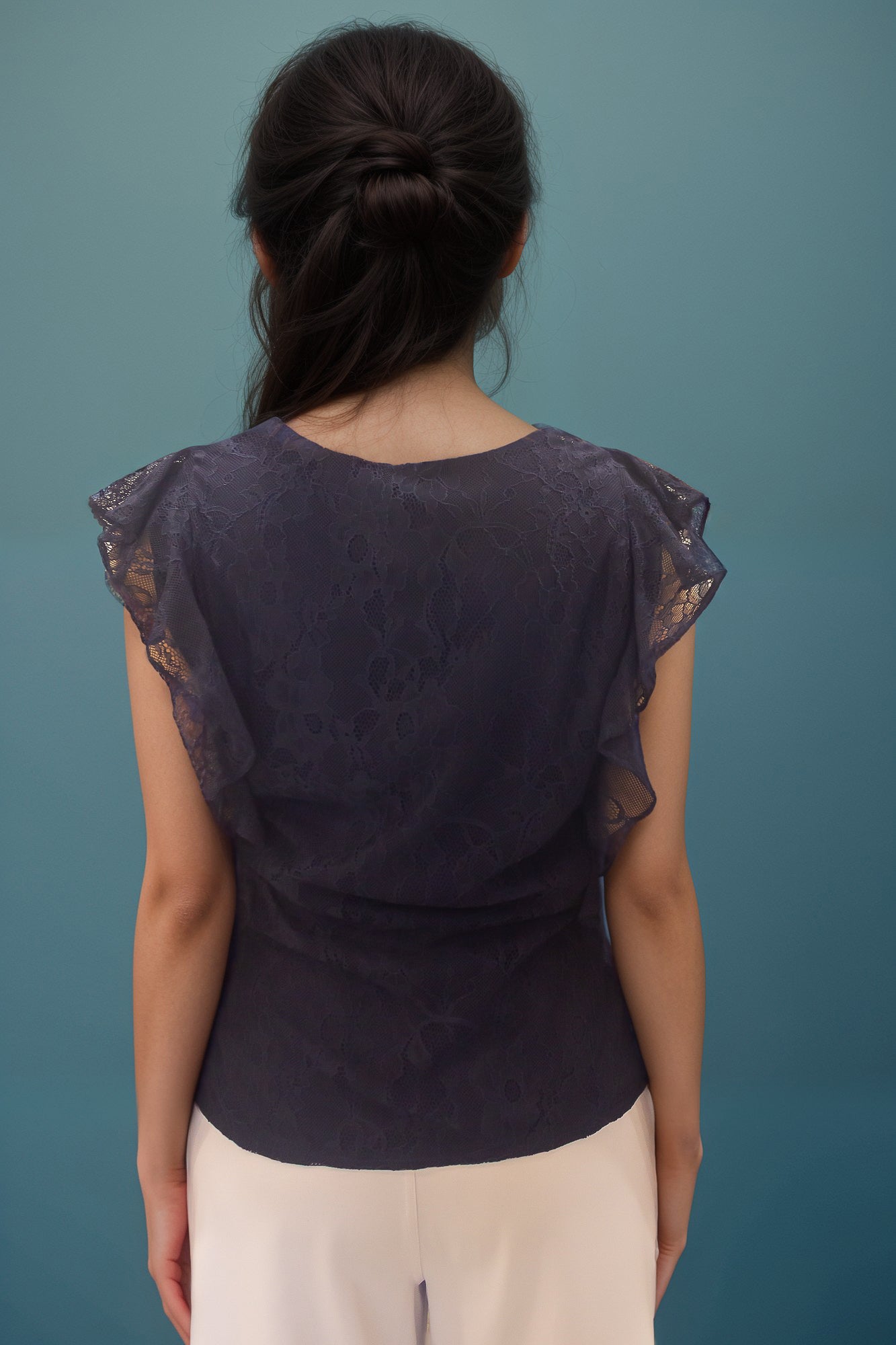 Navy Blue Ruffle Sleeve Lace Top - IREA Life