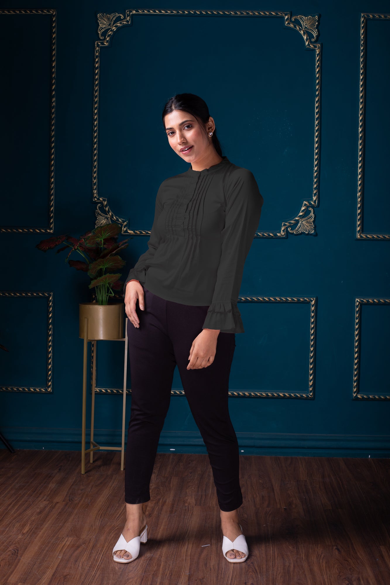 Black Satin Pintucks Top