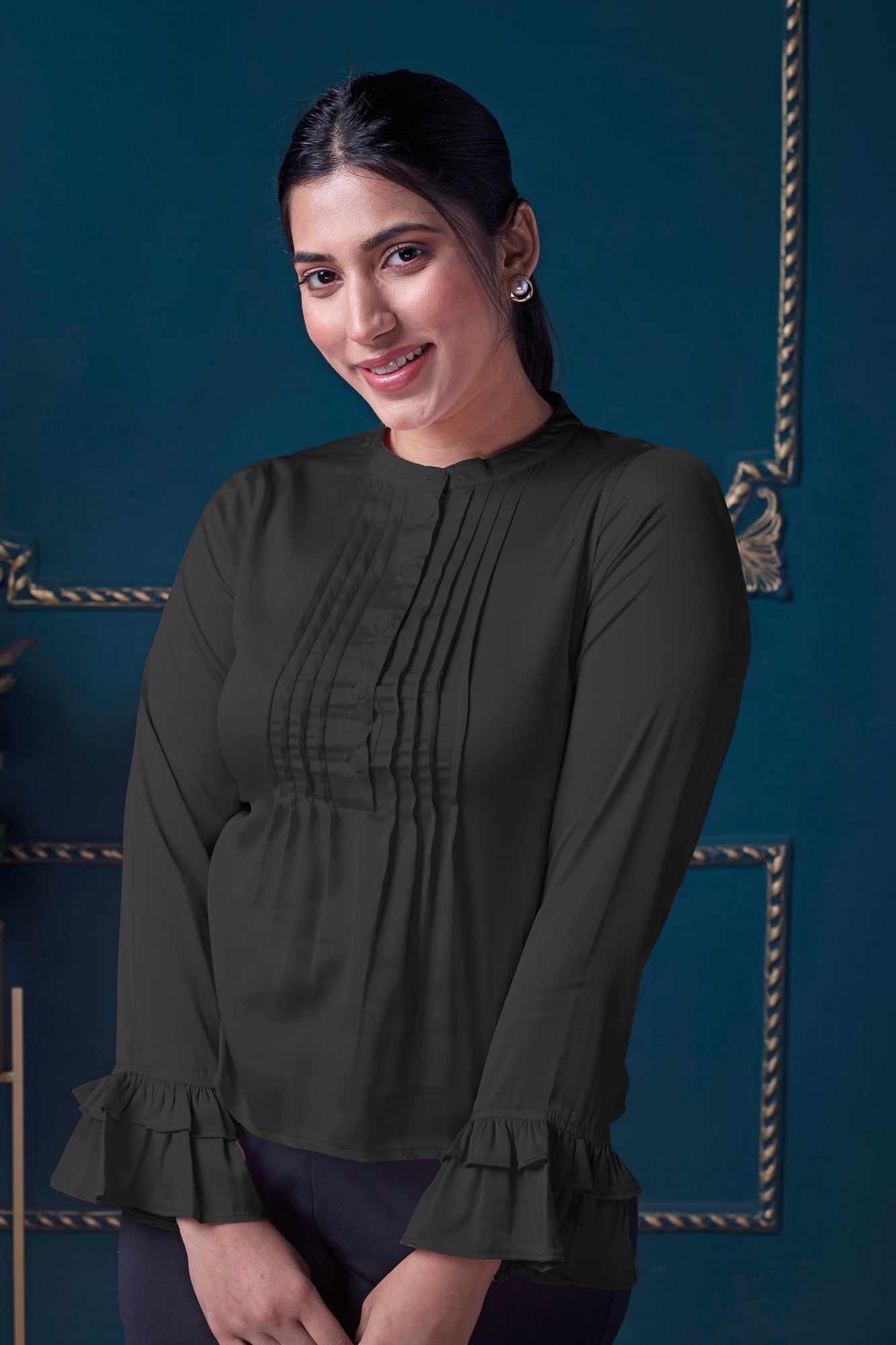 Black Satin Pintucks Top | IREA Life