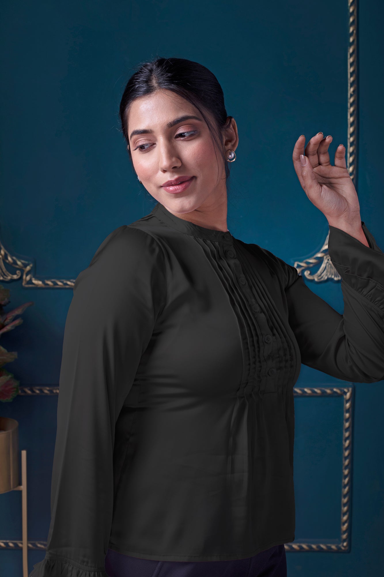 Black Satin Pintucks Top | Perfect Office Attire for Women