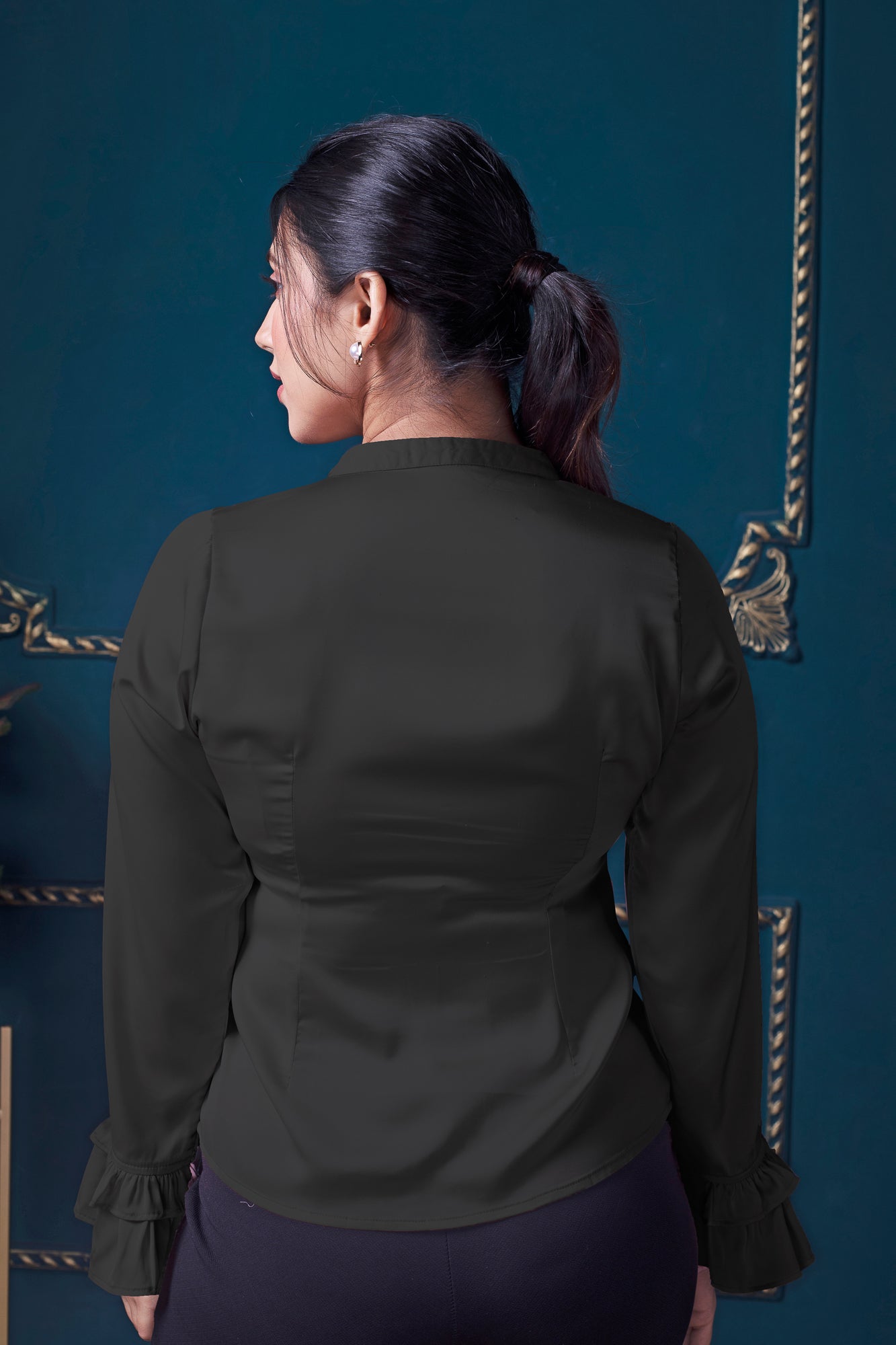 Black Satin Pintucks Office Wear Tops for Women | IREA Life