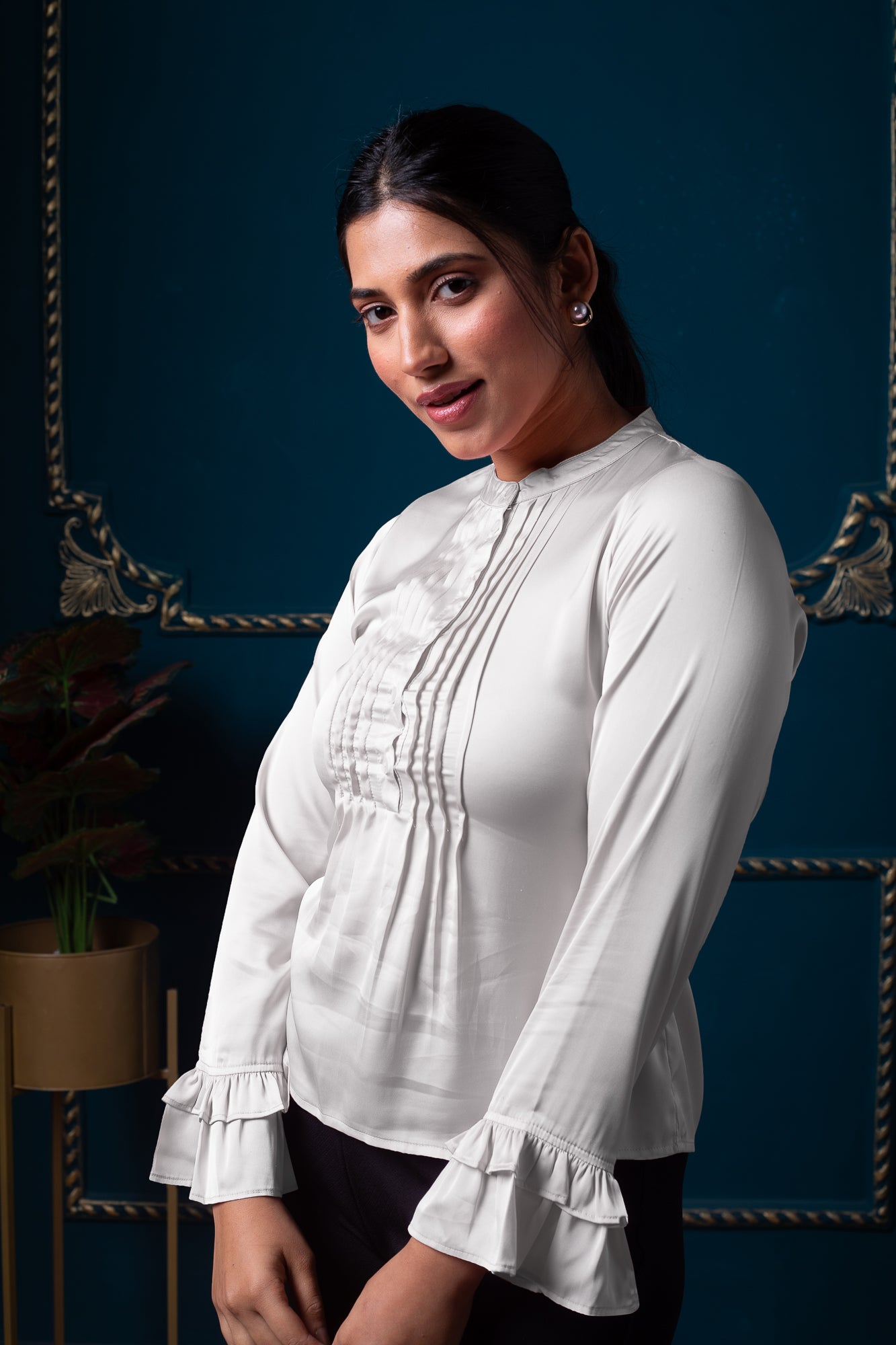 White Satin Pintucks Office Wear Tops for Women