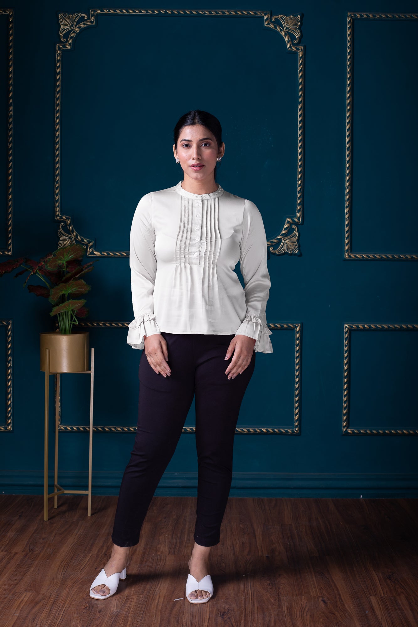 White Casual Satin Pintucks Top | IREA Life