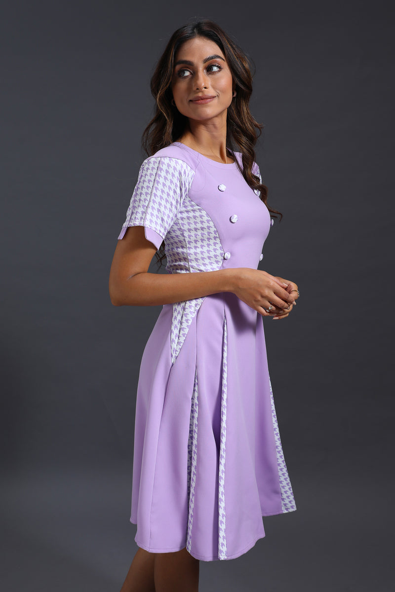 Load image into Gallery viewer, Lilac Houndstooth Godet Dress
