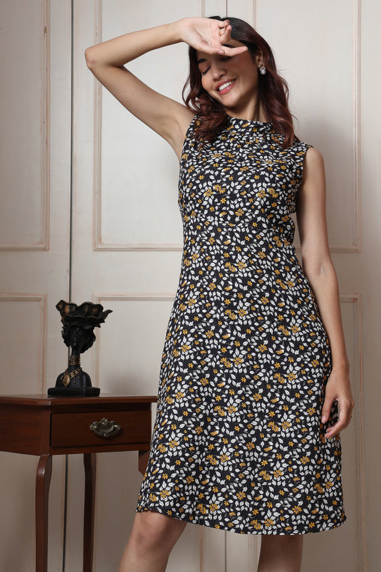Black Floral Sleeveless Dress With High Neck