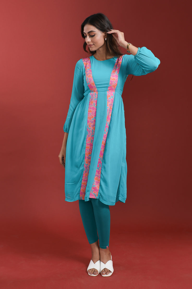Load image into Gallery viewer, Peacock Blue Georgette Kurti
