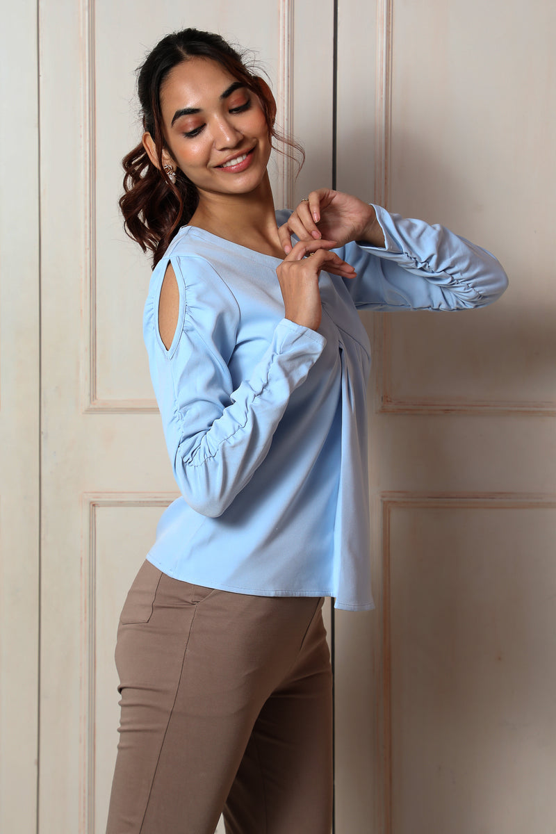 Load image into Gallery viewer, Ruffle Sleeve Top #color_Ice Blue
