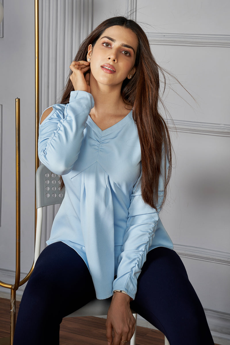 Load image into Gallery viewer, Ruffle Sleeve Top #color_Ice Blue
