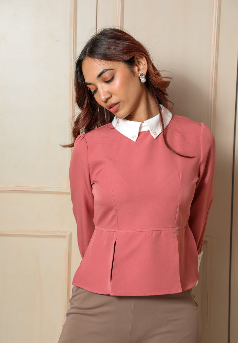 Load image into Gallery viewer, Pink Slit Peplum Top with Collars &amp; Cut-out Sleeves #color_Salmon Pink
