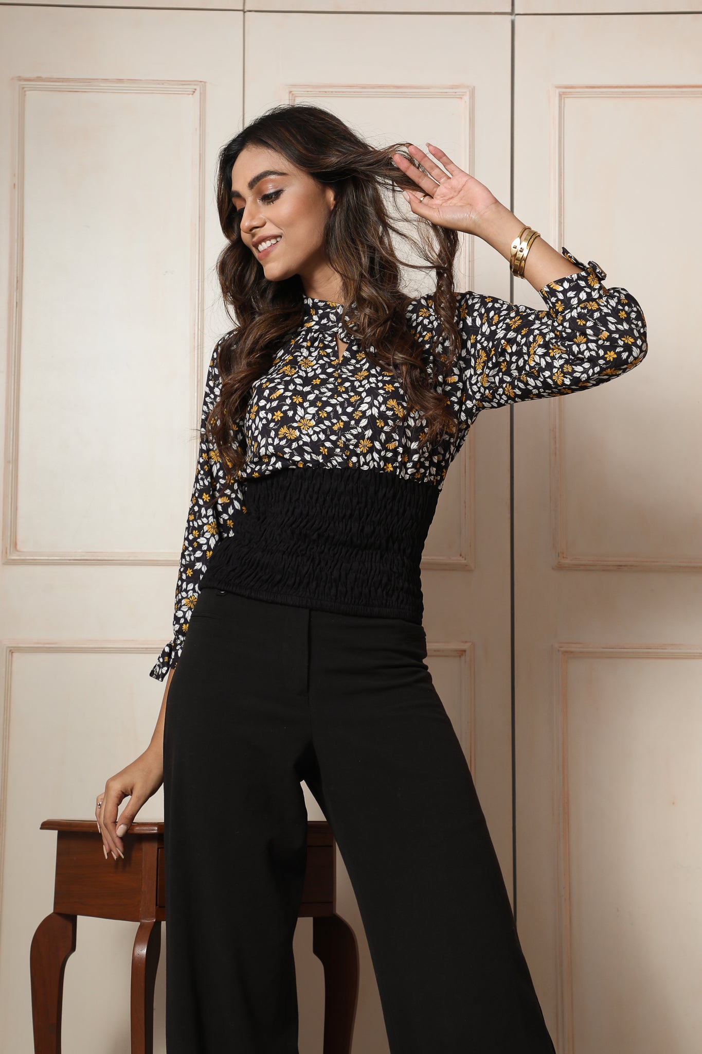 Black Floral Crisscross Neck Corset Top