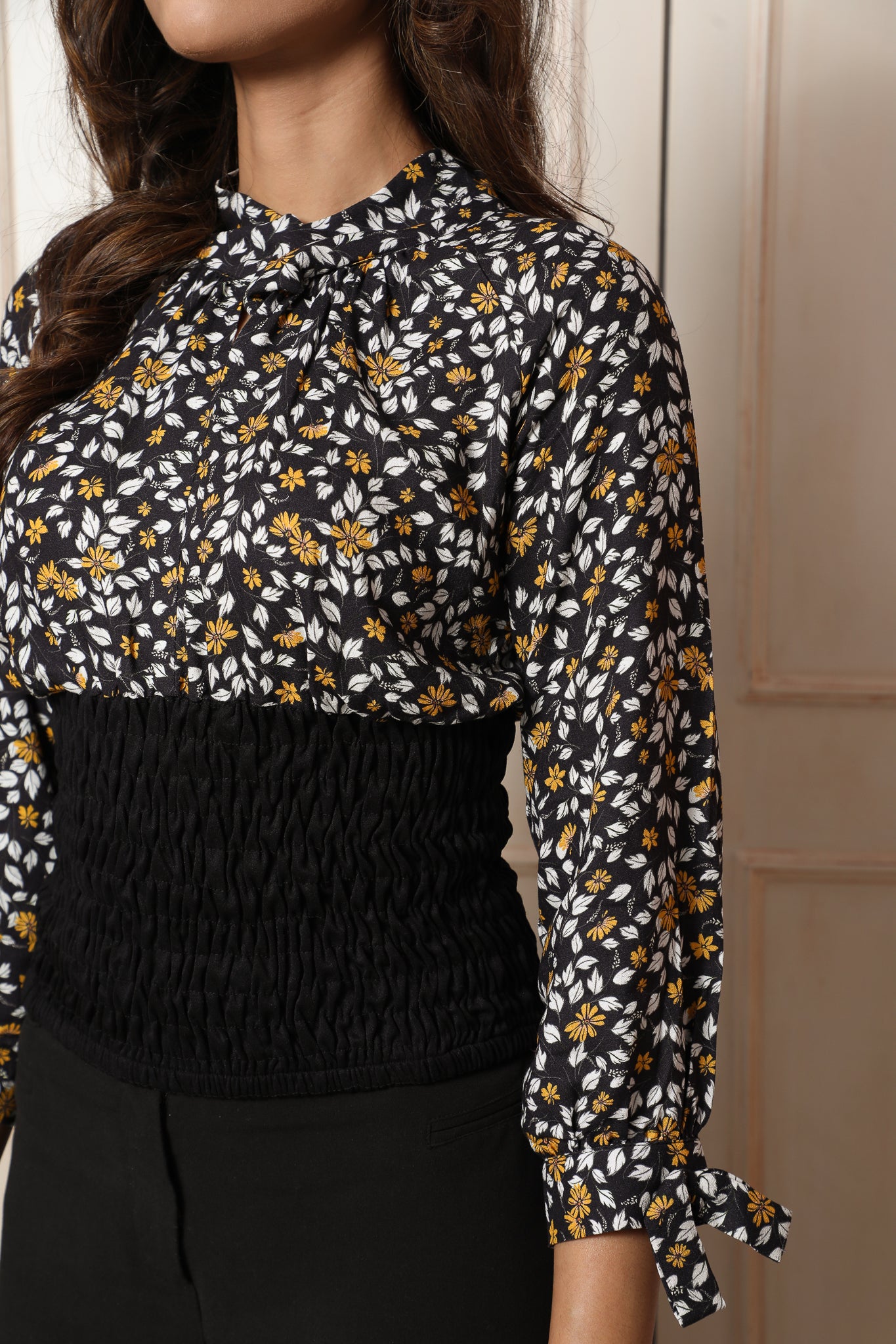 Black Floral Crisscross Neck Corset Top