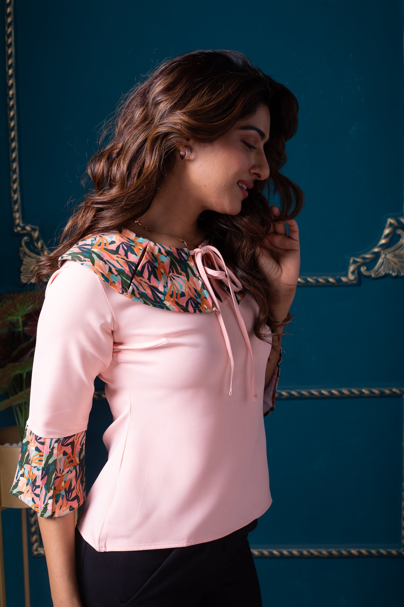 Peach Collar Neck Top with Flared Cuffs