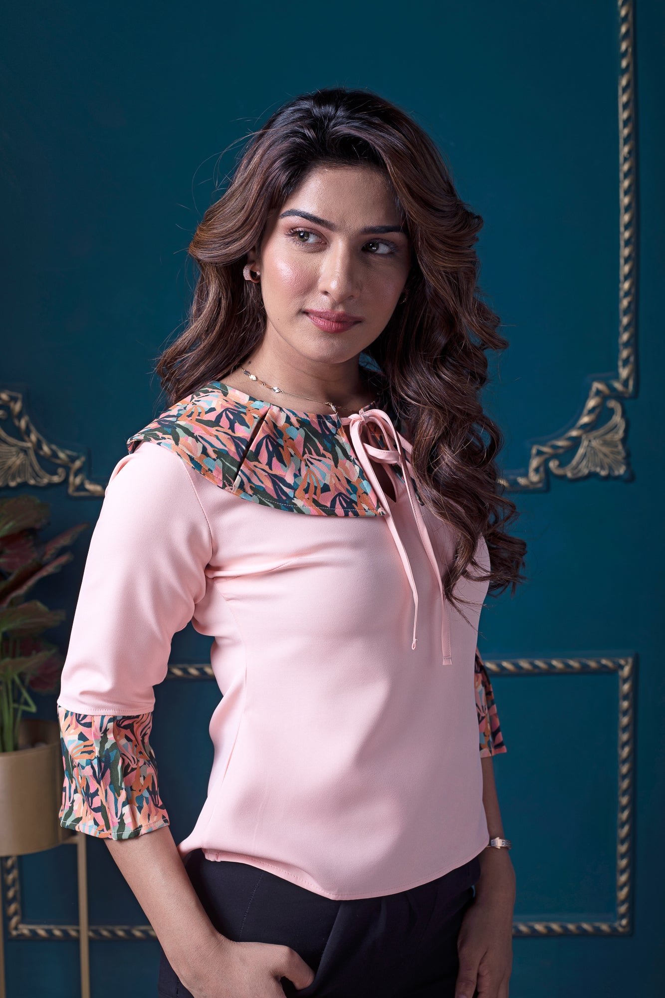 Peach Collar Neck Top with Flared Cuffs