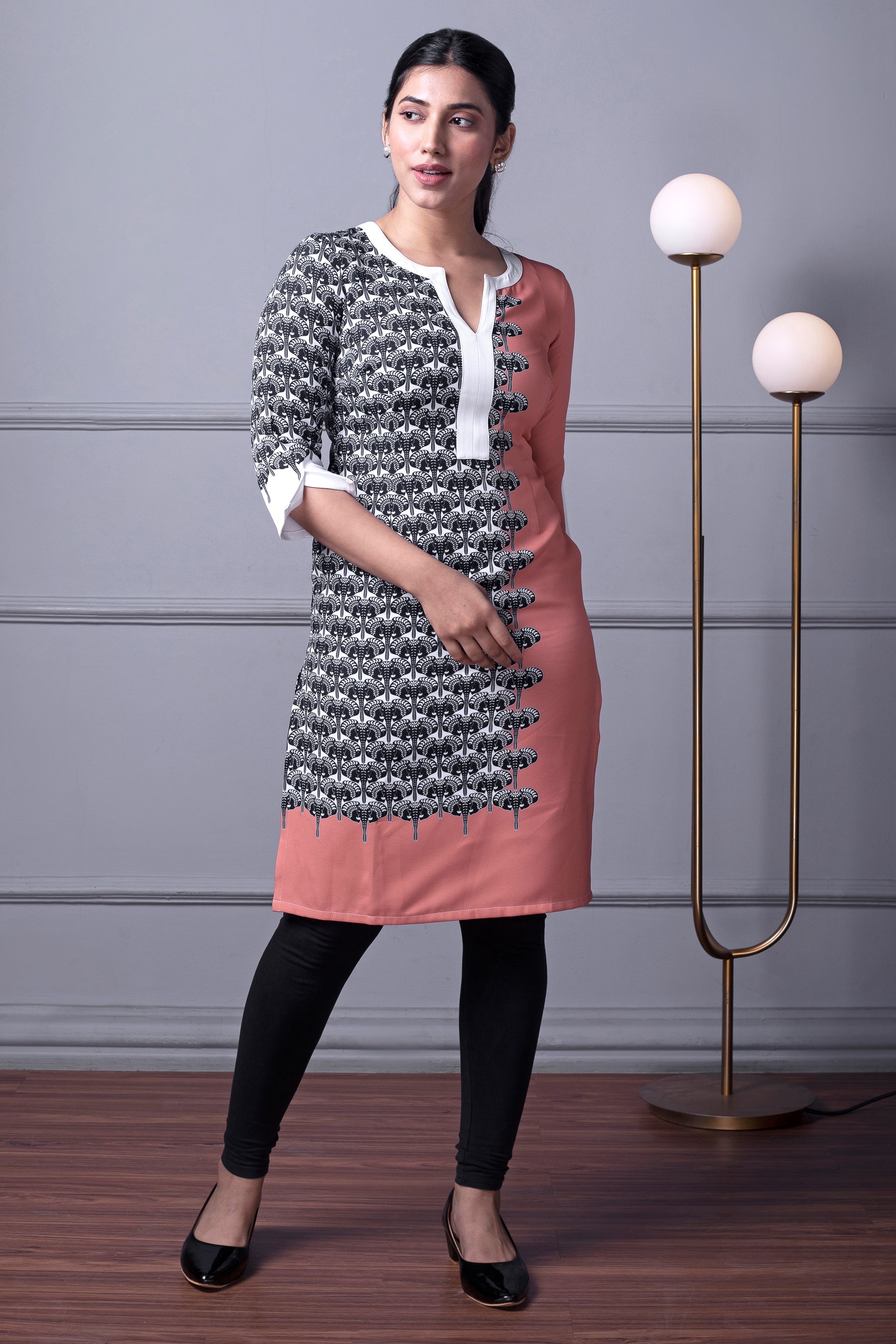 Asymmetrical Peach & Elephant Print Kurti