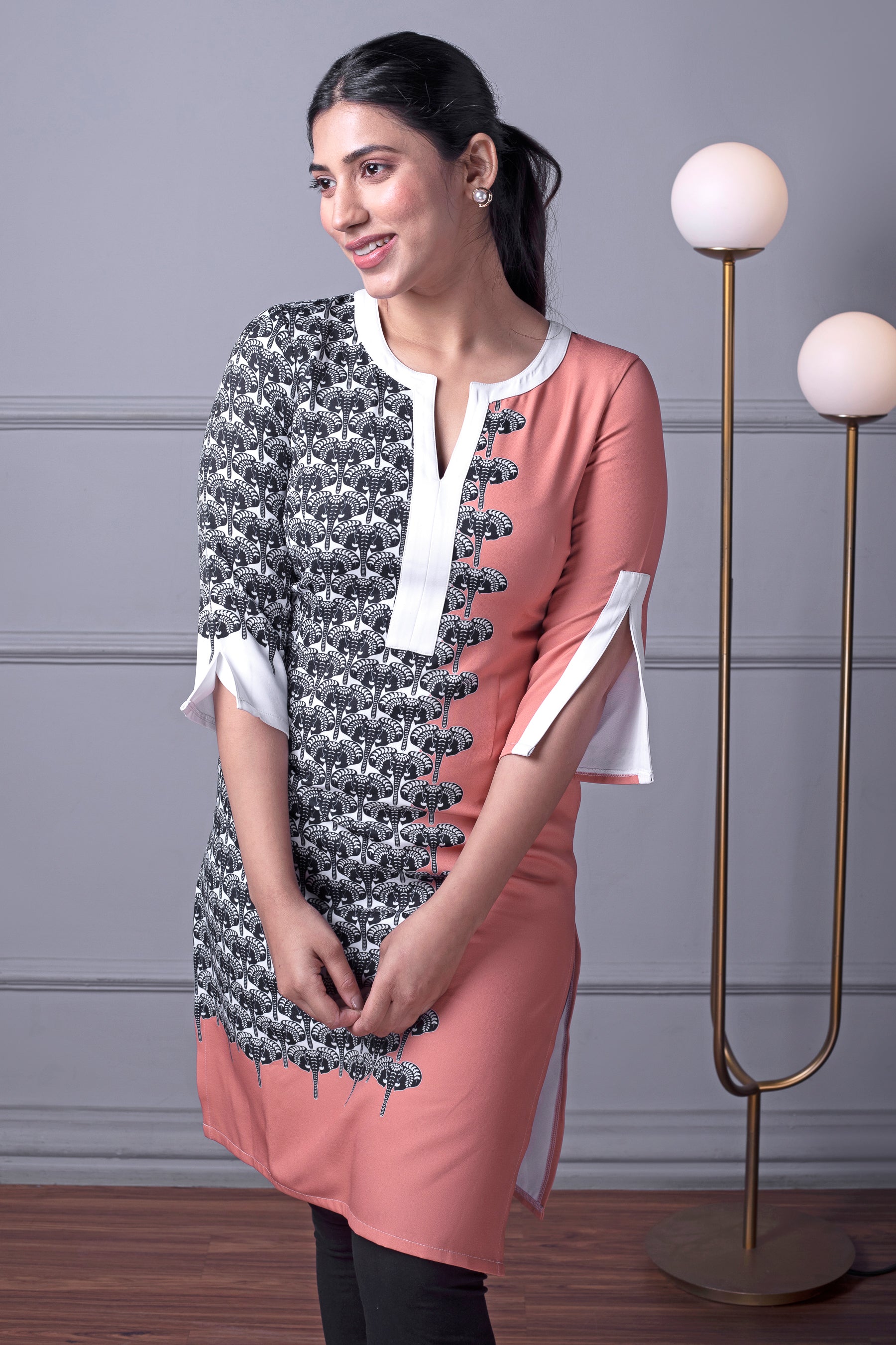 Asymmetrical Peach & Elephant Print Kurti