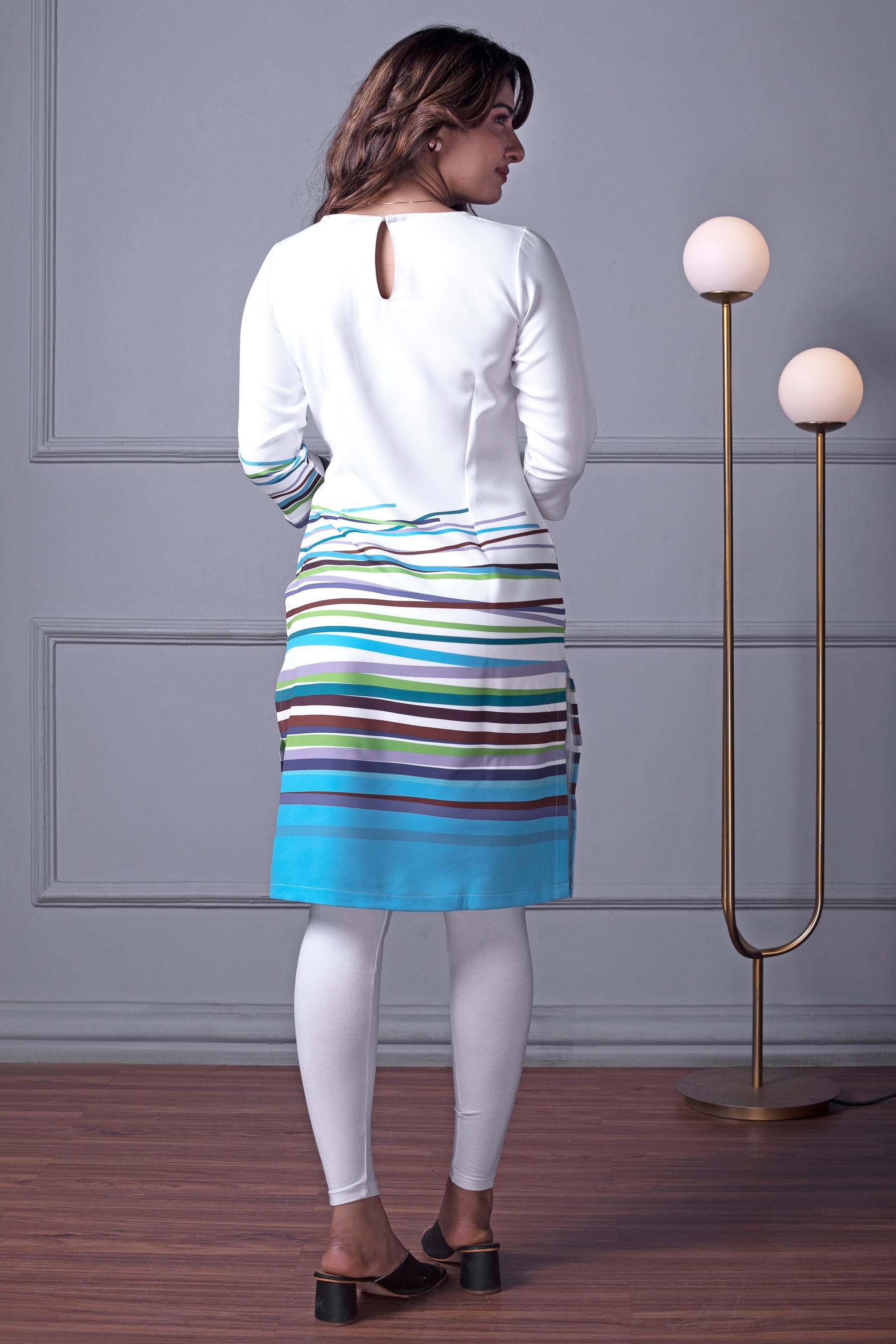 White Kurti with Coloured Printed Stripes
