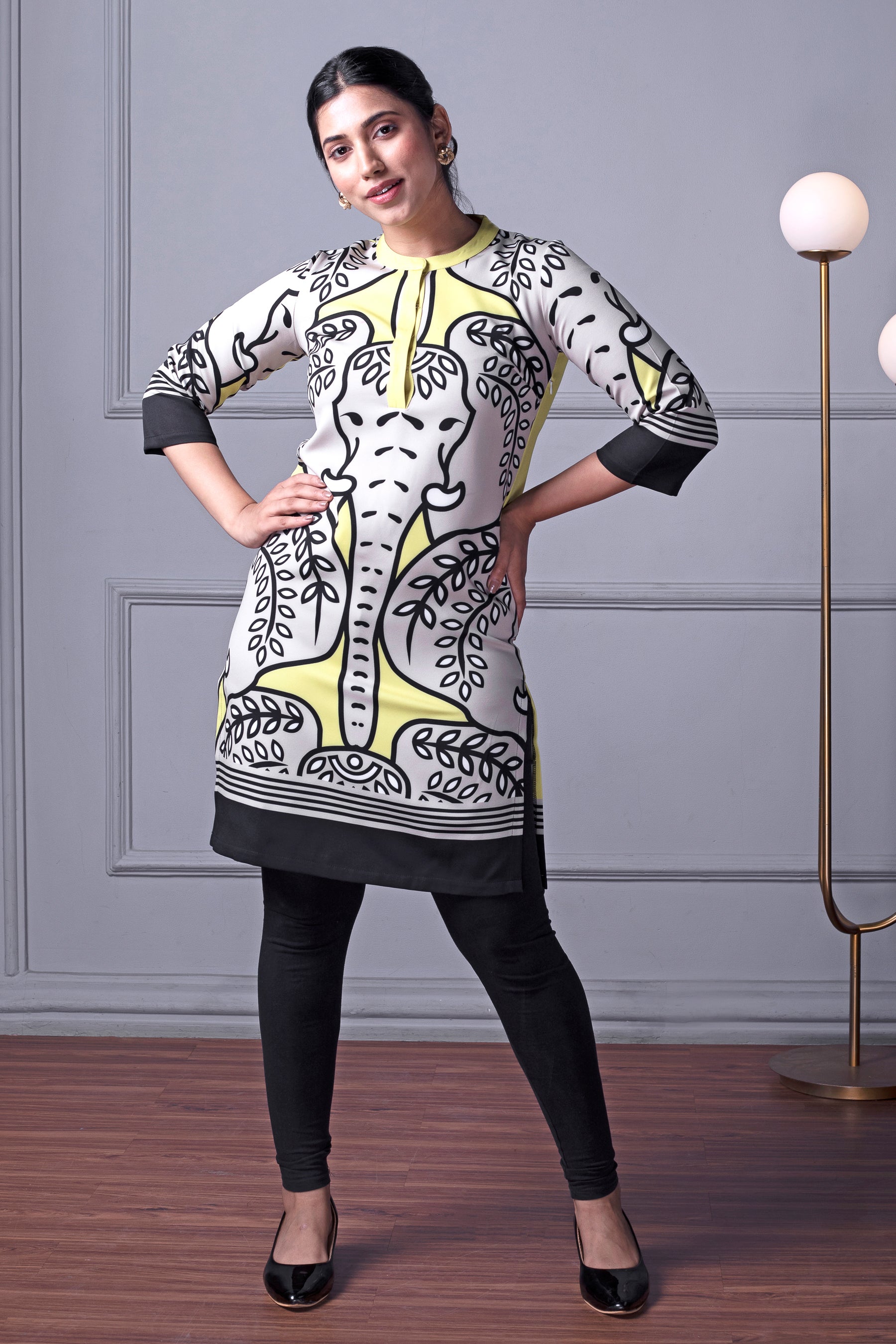 Yellow Straight Fit Elephant Print Kurti