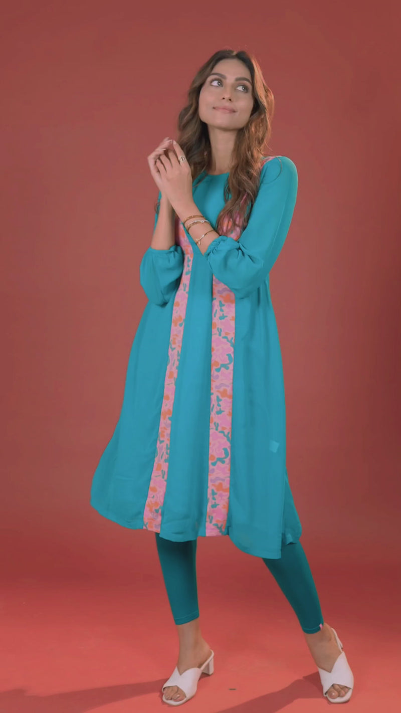 Load and play video in Gallery viewer, Peacock Blue Georgette Kurti
