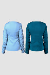 Combo of Blue and Green Front Pleated Top with Ruffled Sleeve