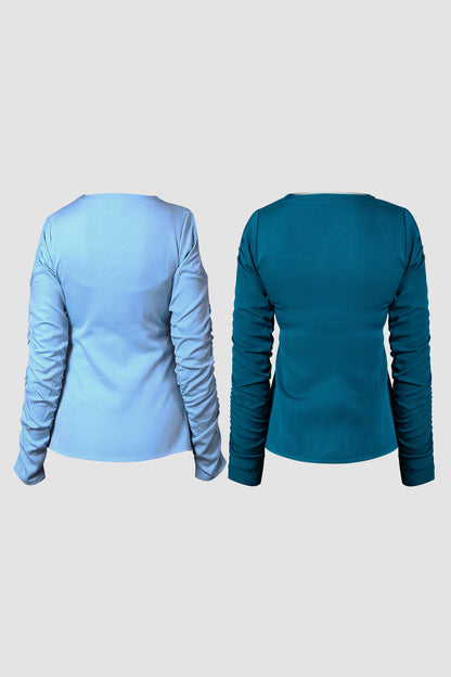 Combo of Blue and Green Front Pleated Top with Ruffled Sleeve