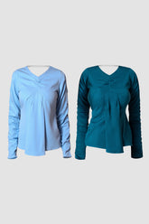 Combo of Blue and Green Front Pleated Top with Ruffled Sleeve