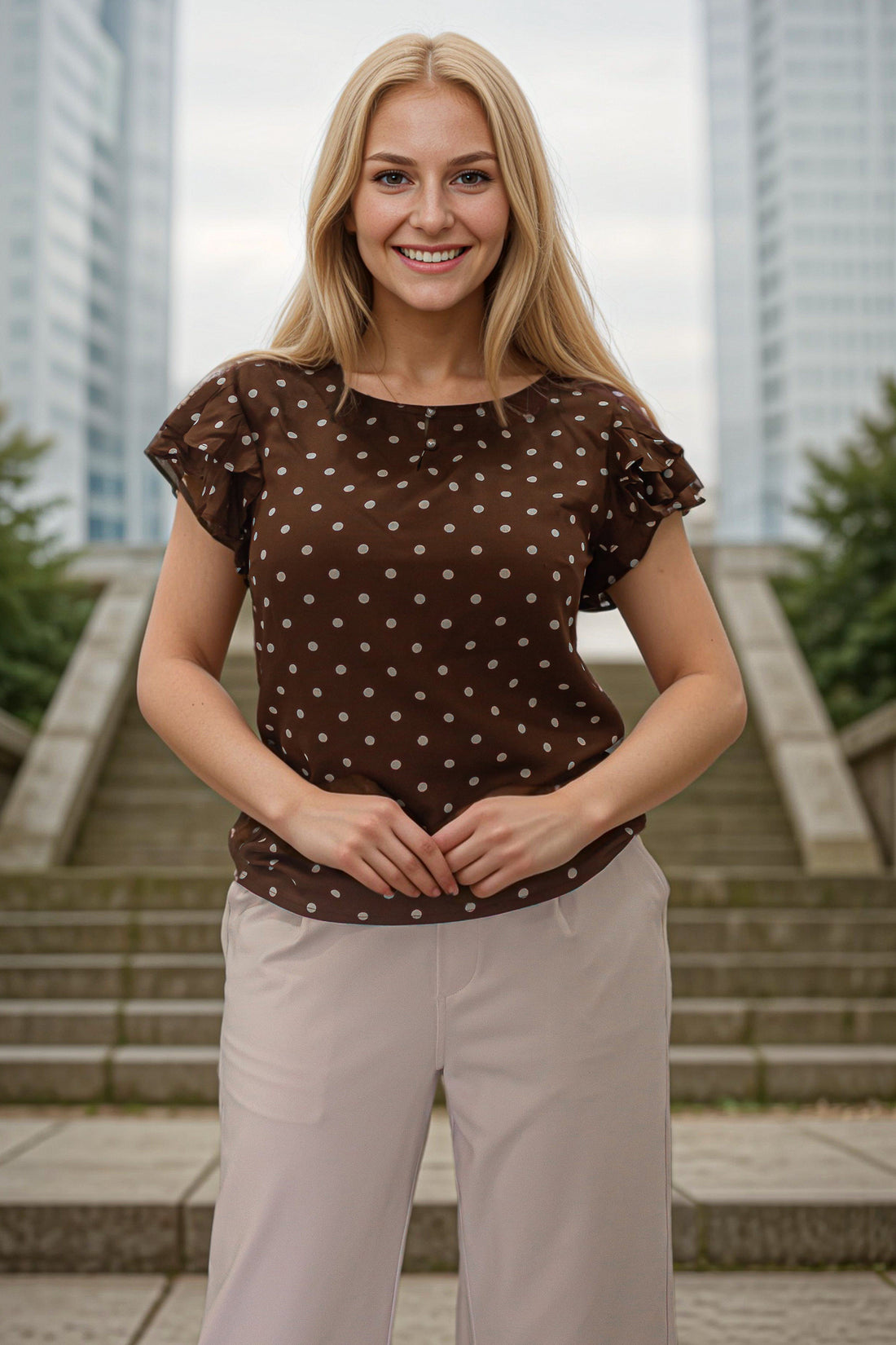 Ruffle sleeve polka dots top - IREA Life 