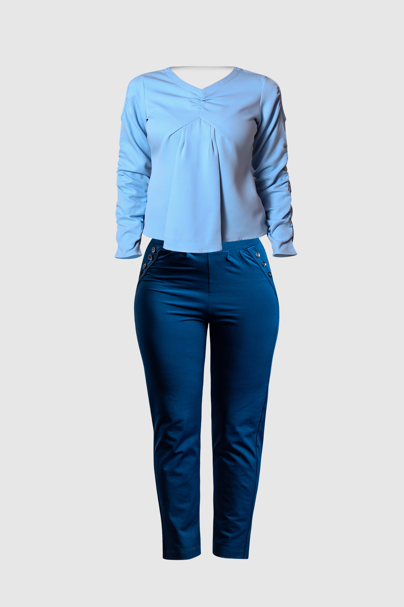 Blue Freedom Pant &amp; Ruffled Sleeve Front Pleated Top