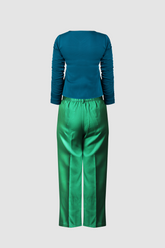 Green Wide Leg Pant & Ruffled Sleeve Front Pleated Top