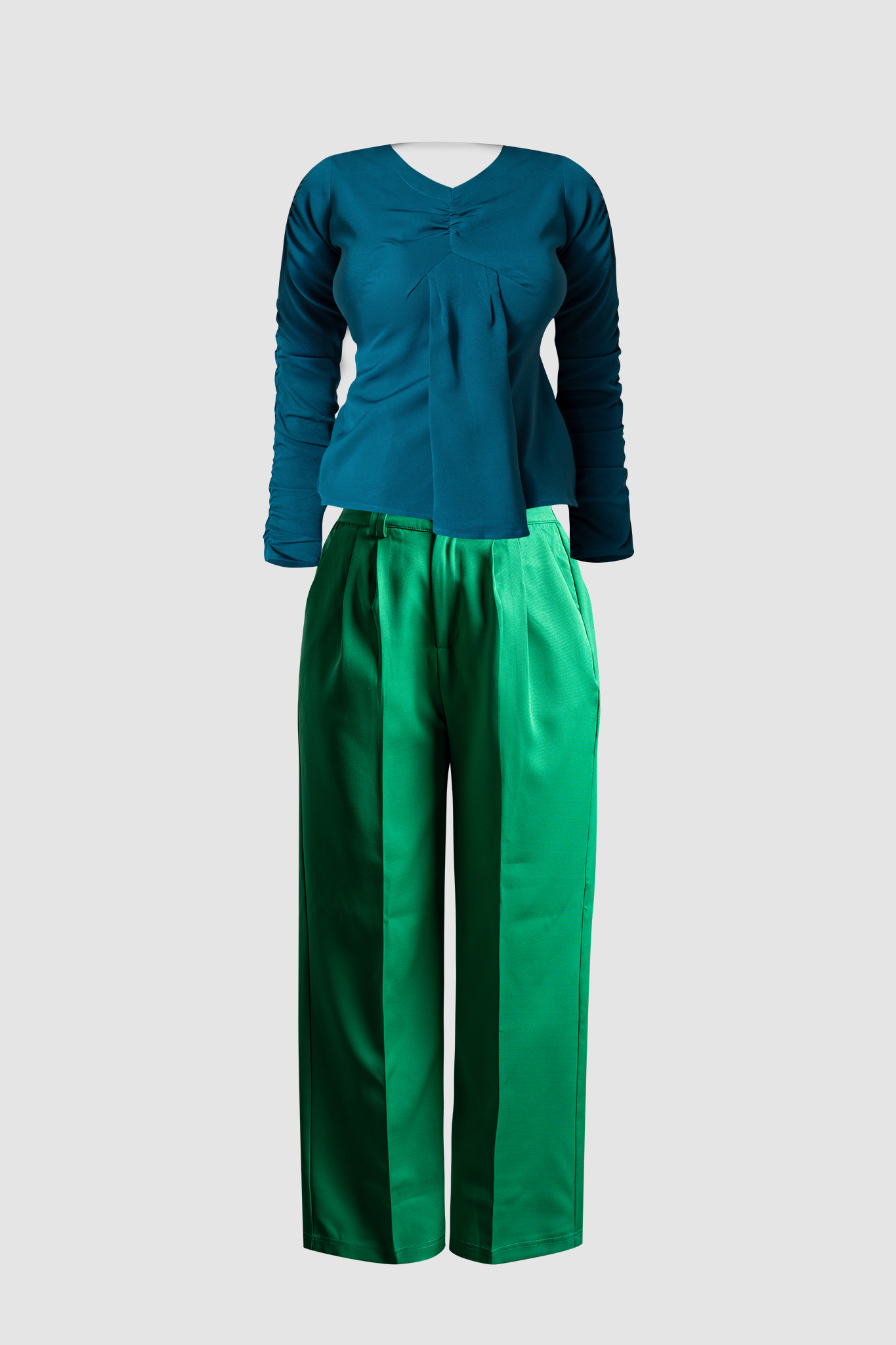 Green Wide Leg Pant &amp; Ruffled Sleeve Front Pleated Top