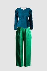 Green Wide Leg Pant & Ruffled Sleeve Front Pleated Top