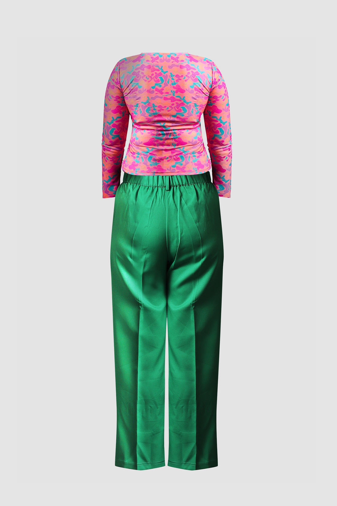 Green Wide Leg Pants &amp; Pink Fitted Top for women formal wear - IREA Life