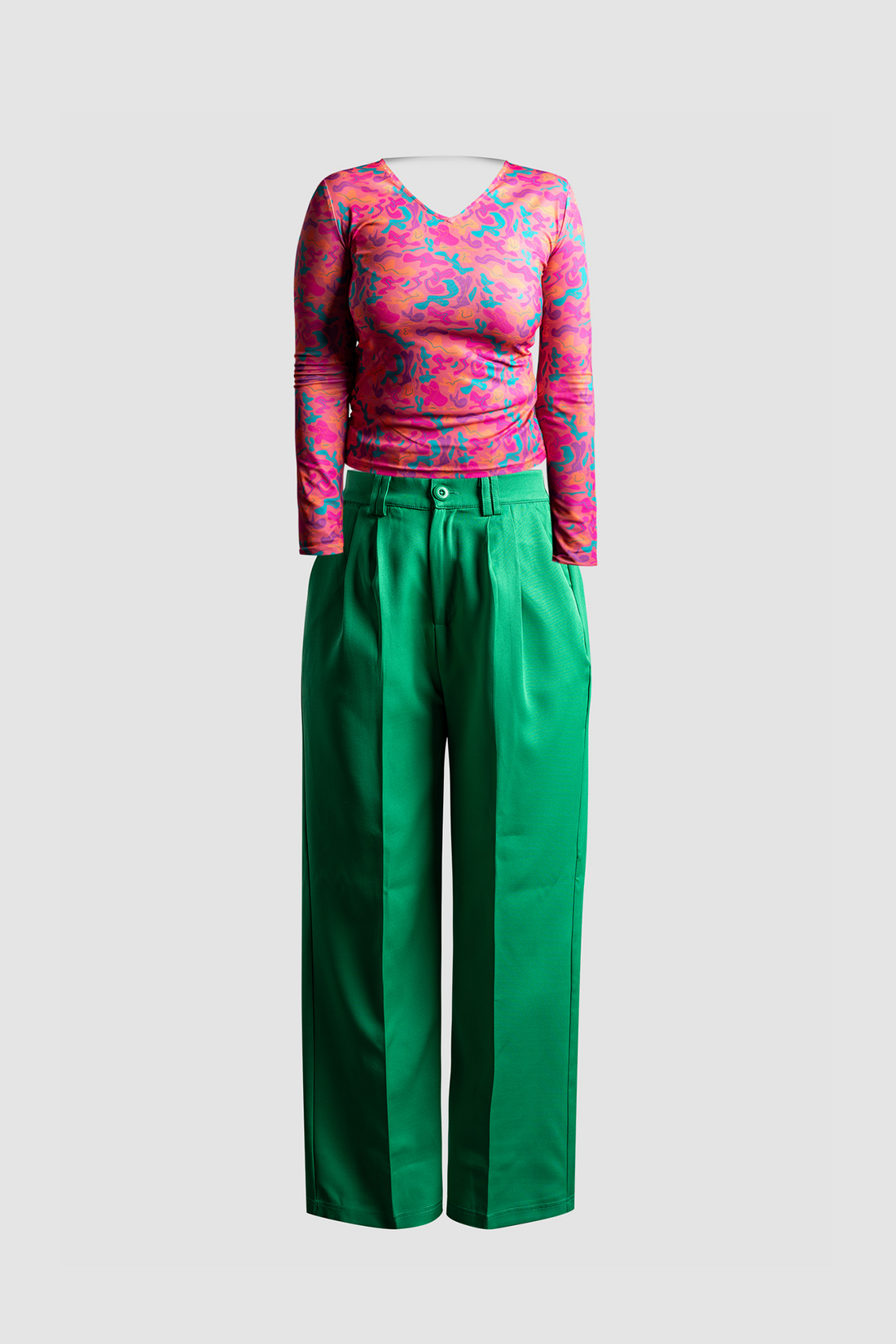 Green Wide Leg Pants &amp; Pink Fitted Top formal for women - IREA Life