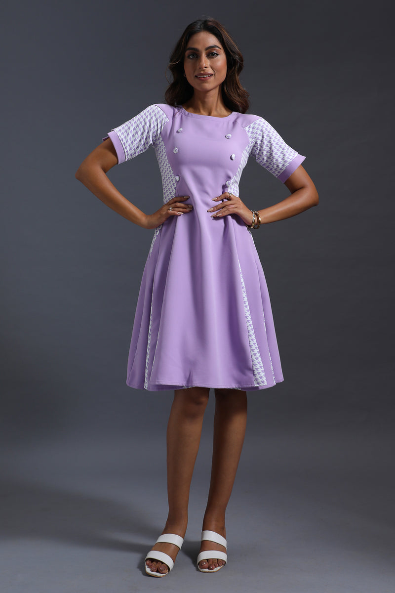 Load image into Gallery viewer, Lilac Houndstooth Godet Dress
