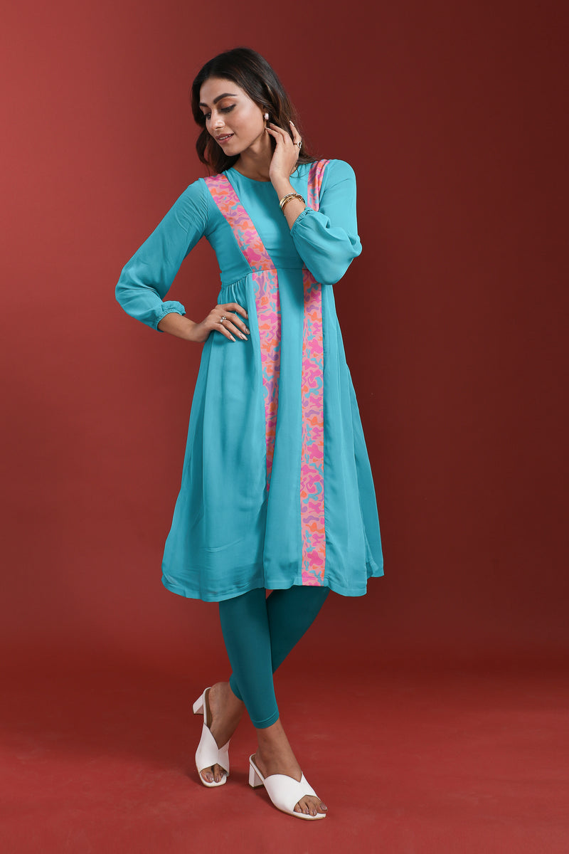 Load image into Gallery viewer, Peacock Blue Georgette Kurti
