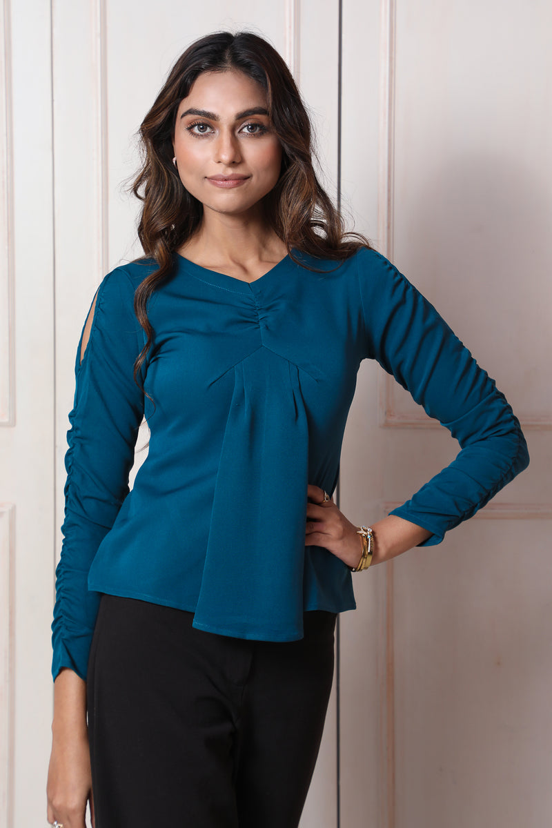 Load image into Gallery viewer, Ruffle Sleeve Top #color_Teal Green
