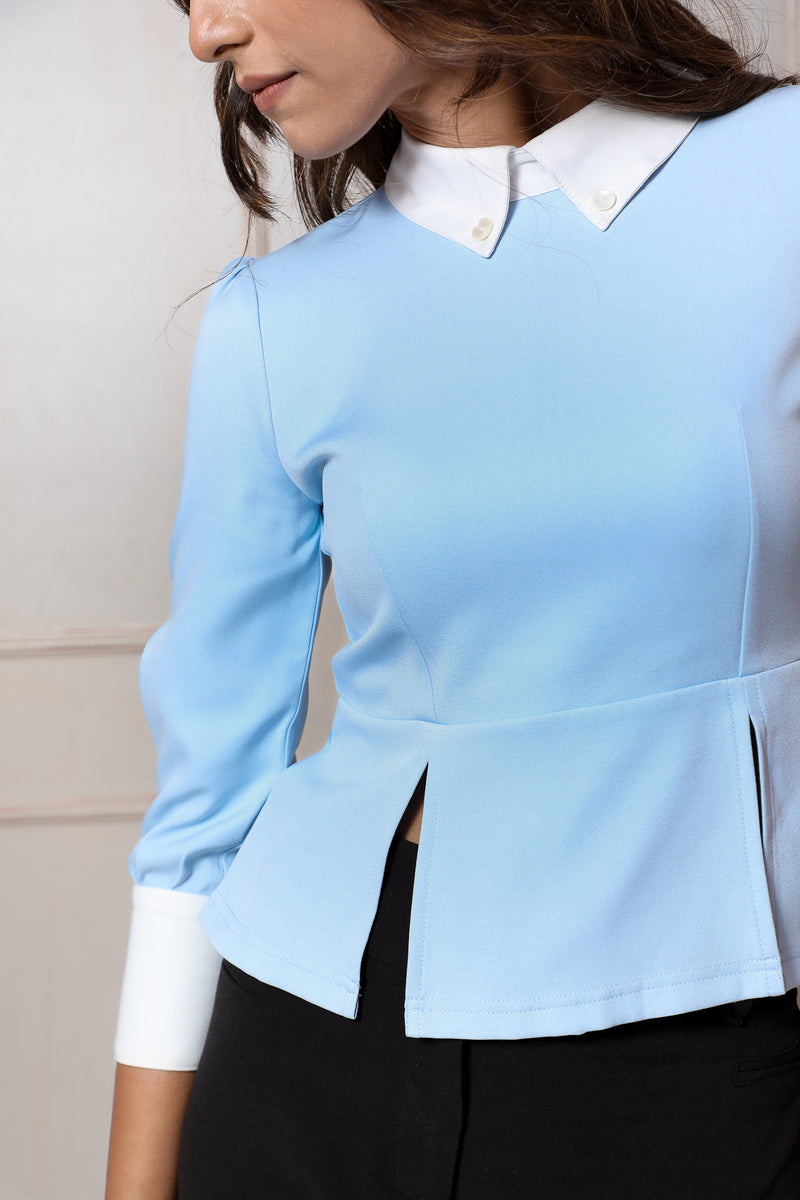 Load image into Gallery viewer, Blue Slit Peplum Top with Collars &amp; Cut-out Sleeves #color_Ice Blue
