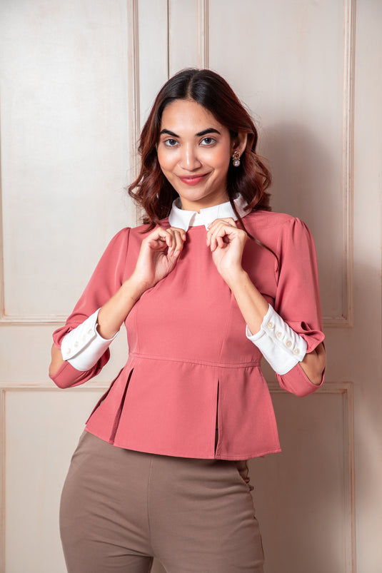 Pink Slit Peplum Top with Collars & Cut-out Sleeves