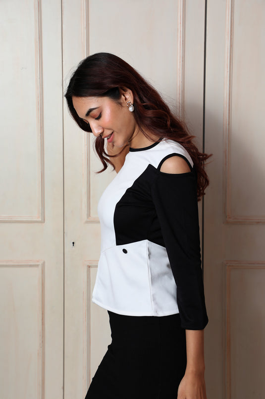 Black & White Cold Shoulder Top