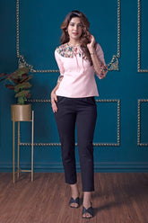 Peach Collar Neck Top with Flared Cuffs