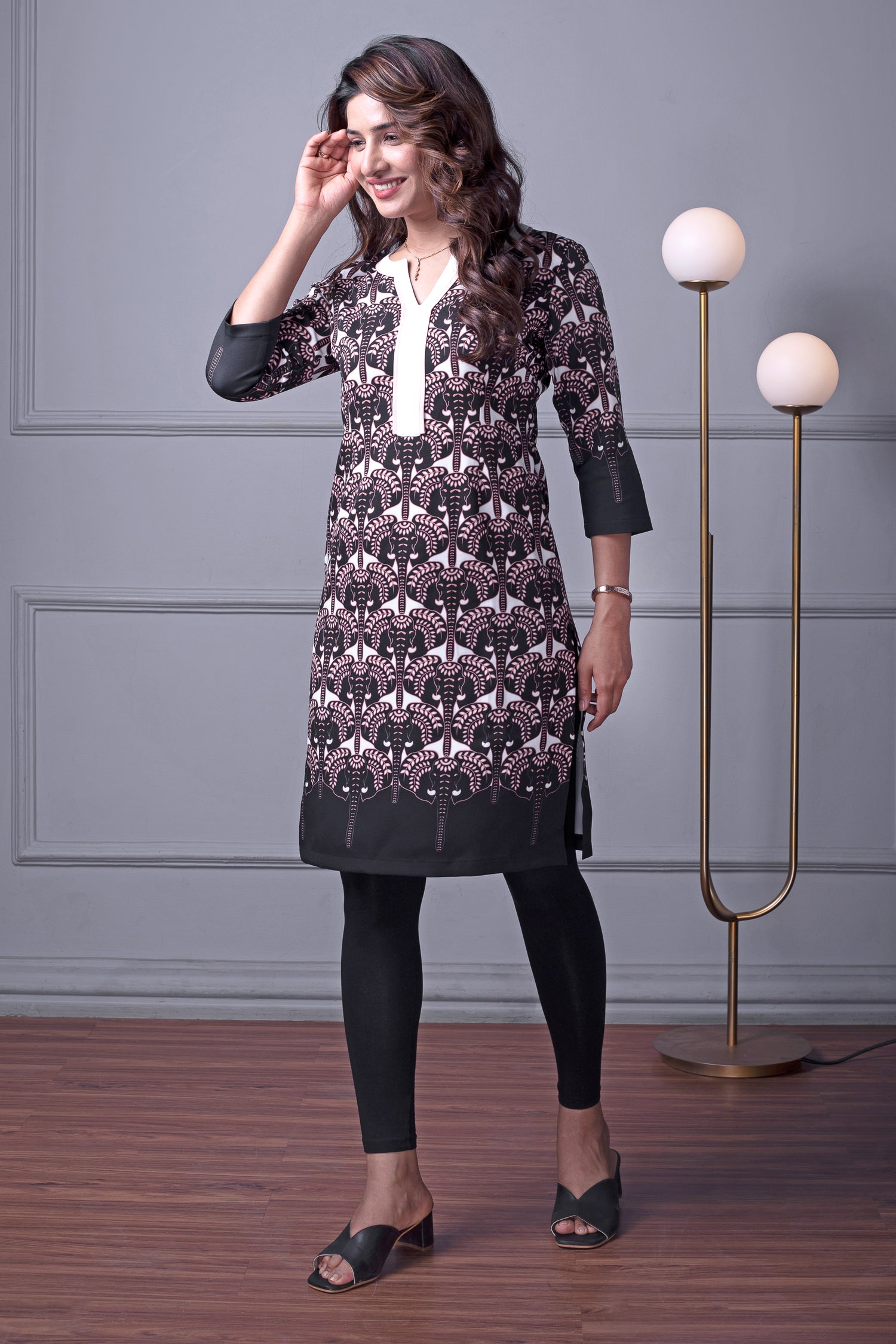 Black &amp; Peach Elephant Print Kurti